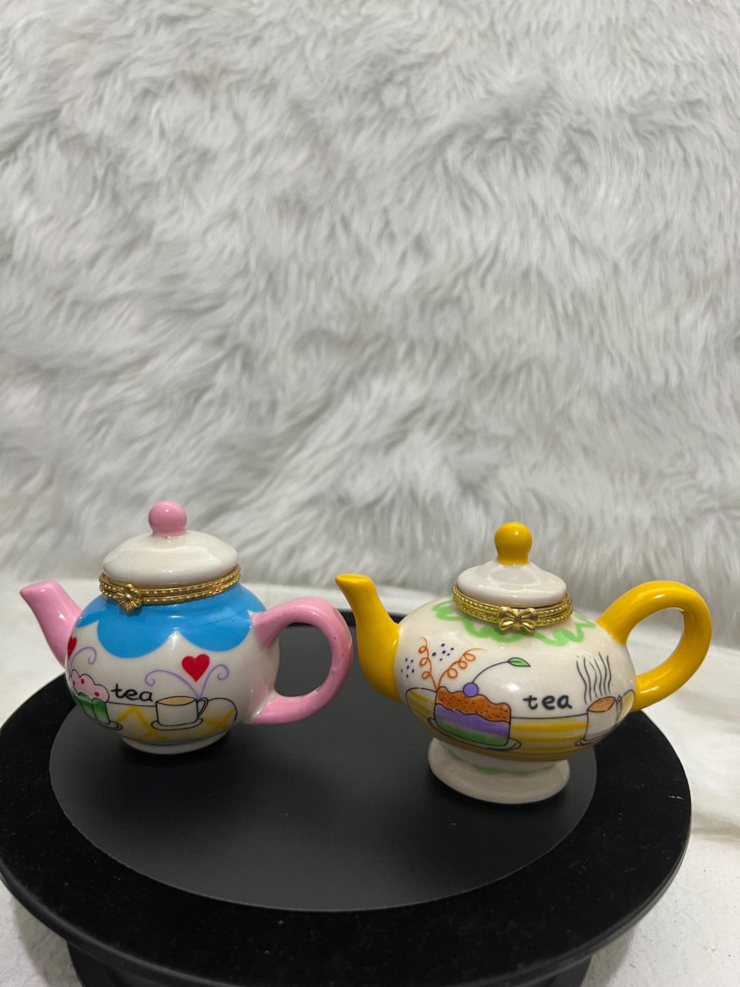 Teapot Rgh Whimsical Teapot Set Yellow and Pink Handles Cakes and Tea Trinket Lot ...