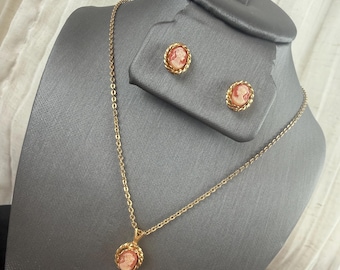 Vintage Tiny Cameo Necklace Stud Earrings Set Gold Tone Pink Cameo Jewelry