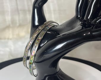Vintage México Alpaca Abalone Shell Hand Crafted Bangle Bracelet Set Of Two