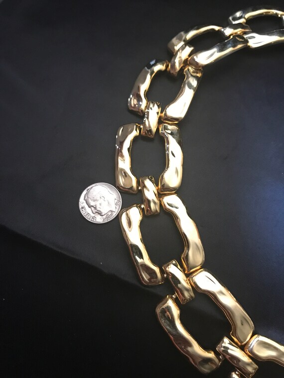Vintage Hammered Square Link Necklace-Bold Gold T… - image 10