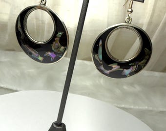 Vintage Mexico Alpaca Abalone Shell Black Enamel Drop Hoops  Pierced Earrings