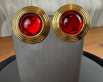 Large Red Glass Button Earrings – Vintage Statement Jewelry Clip Ons Earrings