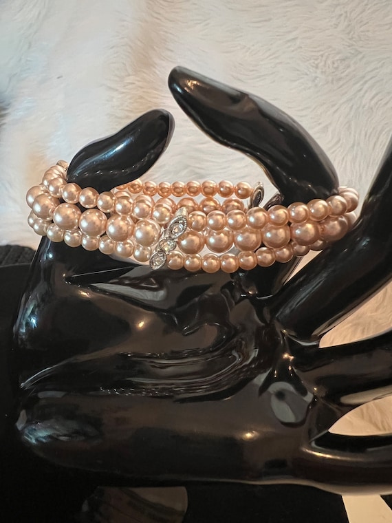 Vintage Champagne Faux Pearl Rhinestone Bracelet - image 1