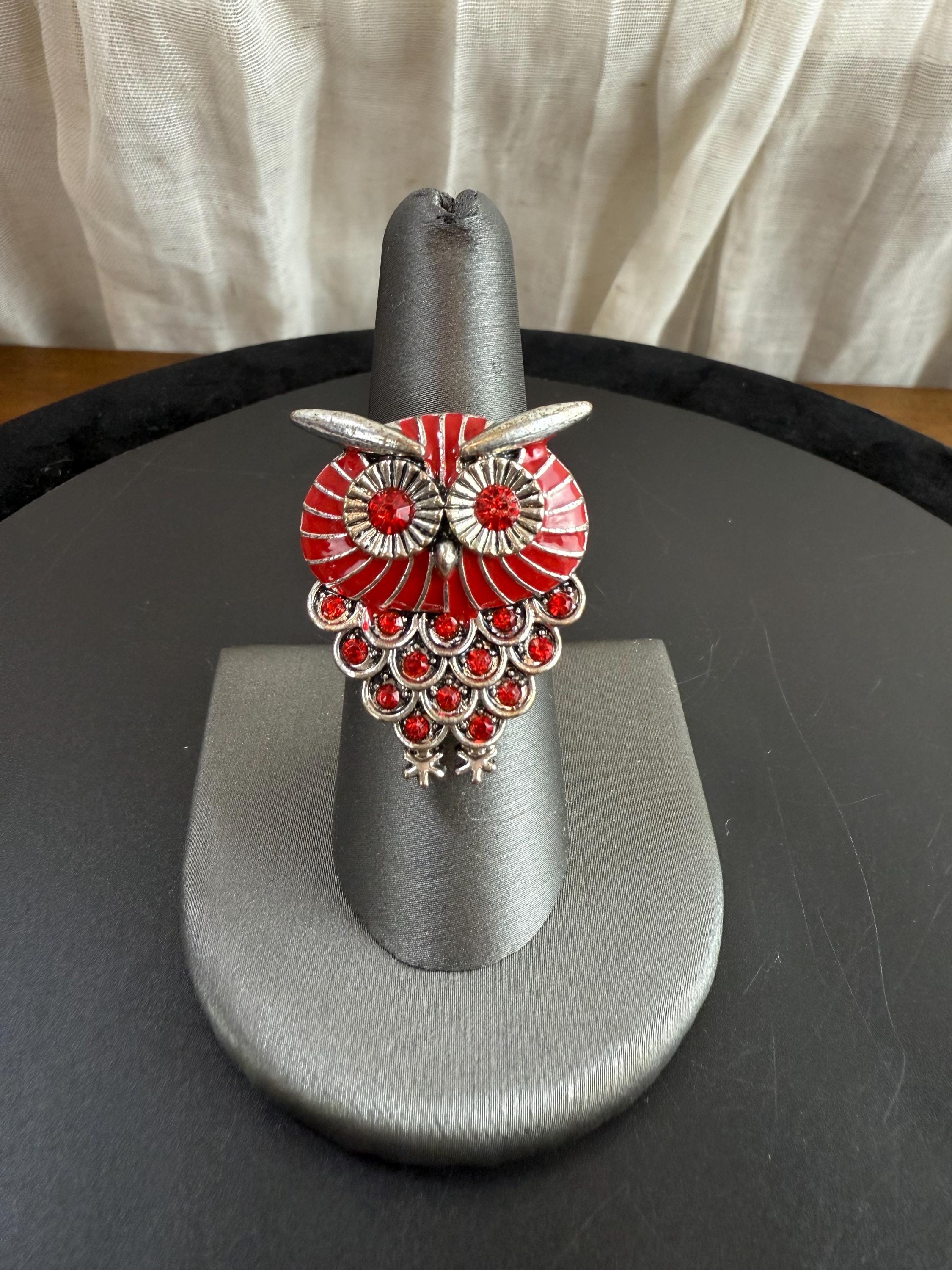 Vintage Adjustable Owl Ring – Red Enamel and Rhinestones, Silver Tone Animal Jewelry