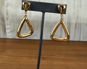 Vintage Monet Gold Tone Triangle Drop post Earrings Signed Geometric Statement