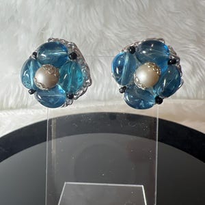 Vintage Western Germany Aqua Blue LuciteFaux Pearl Silver Tone Clip On Earrings