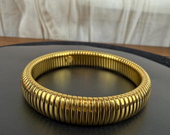 Vintage Gold Expansion Bracelet • Ribbed Tubular Bangle • 1/2” Wide • 80s–90s Stretch Style