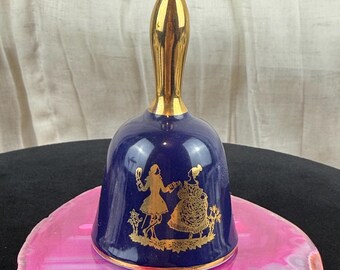Vintage Bavaria Germany Porcelain Bell Cobalt Blue 22K Gold Trim Courting Scene