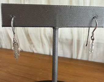 Sterling Silver Feather Dangle Earrings, 925 Marked, 1 1/8 Inches