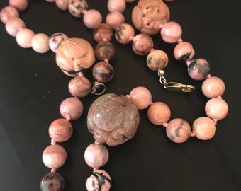 Vintage Hand Carve Rhodonite Chinese Shou Symbol Beads Necklace