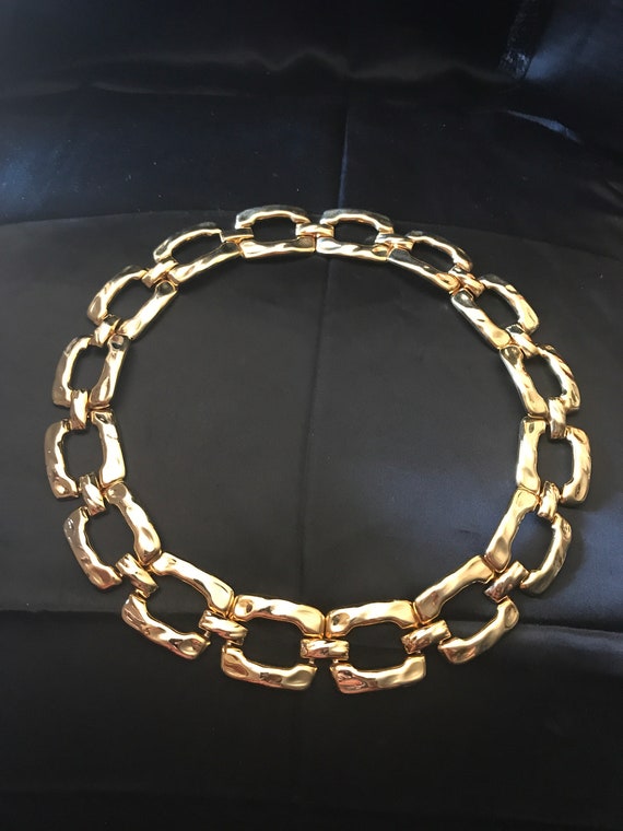 Vintage Hammered Square Link Necklace-Bold Gold T… - image 1