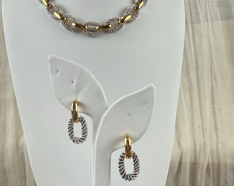 Vintage Avon Two Tone Necklace Earrings Set Gold Silver Textured Links Adjustable 16–18”