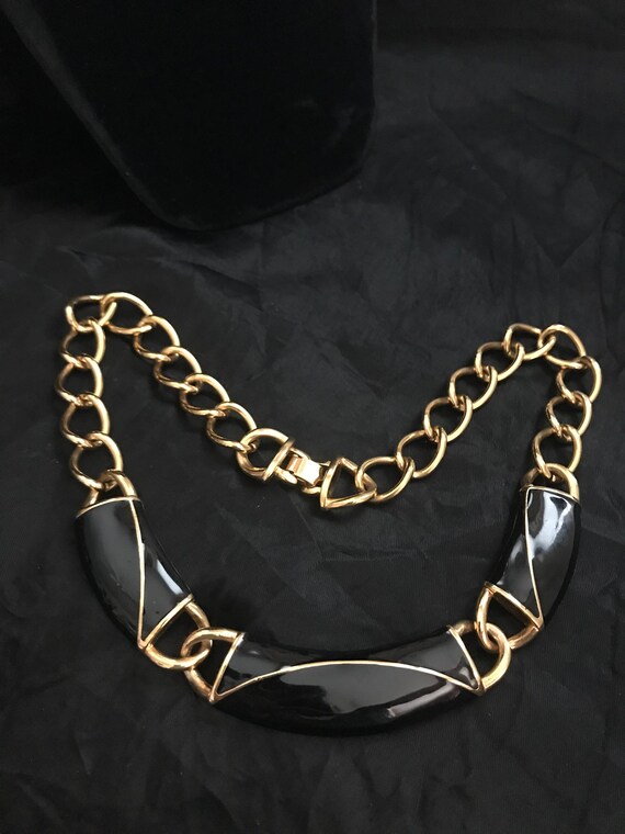 Monet Black Enamel & Gold Tone Necklace-Vintage Mo