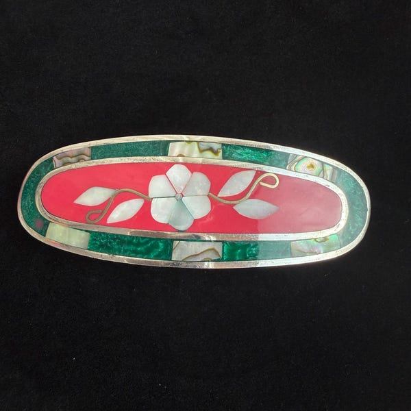 Vintage Alpaca Silver Abalone Hair Barrette, Mother of Pearl Clip, Decorative Accessory