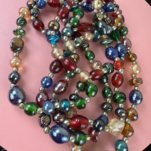 Vintage Multicolor Iridescent Glass Beaded Necklace-Art Glass Beads Long Necklace 1970s image 10