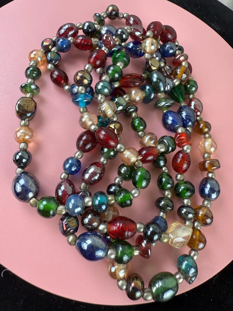 Vintage Multicolor Iridescent Glass Beaded Necklace-Art Glass Beads Long Necklace 1970s image 10
