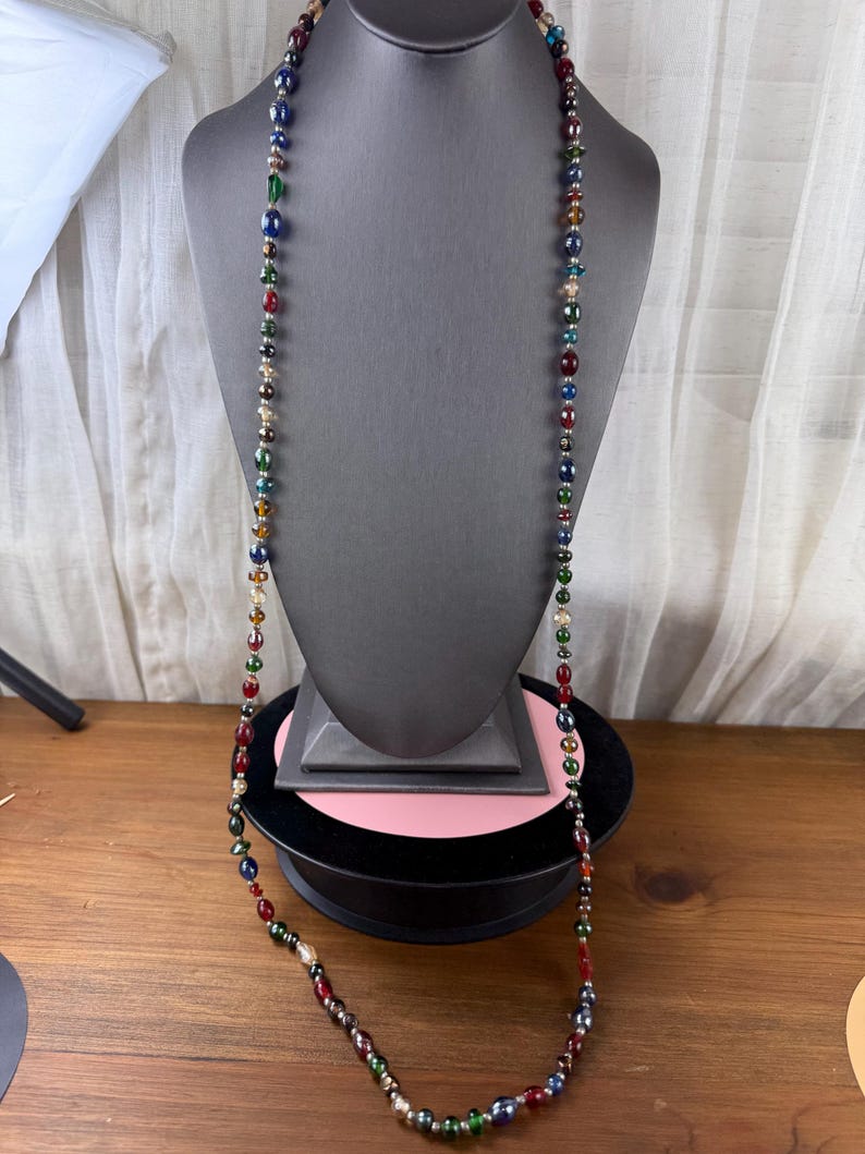 Vintage Multicolor Iridescent Glass Beaded Necklace-Art Glass Beads Long Necklace 1970s image 4