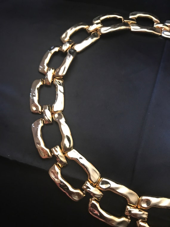 Vintage Hammered Square Link Necklace-Bold Gold T… - image 2
