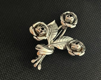 Silver Tone 3D Cabbage Rose Brooch Pin Mid Century Retro