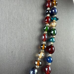 Vintage Multicolor Iridescent Glass Beaded Necklace-Art Glass Beads Long Necklace 1970s image 7
