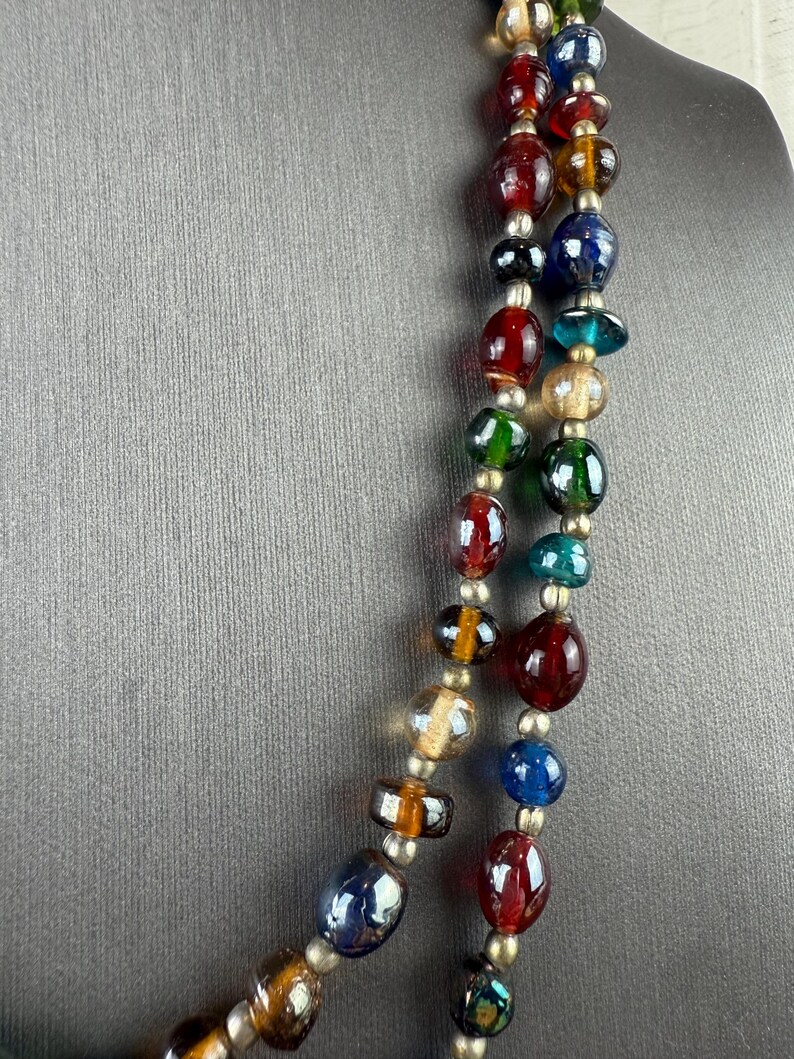 Vintage Multicolor Iridescent Glass Beaded Necklace-Art Glass Beads Long Necklace 1970s image 7