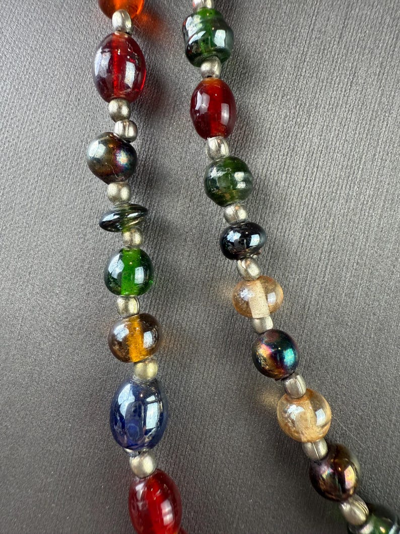 Vintage Multicolor Iridescent Glass Beaded Necklace-Art Glass Beads Long Necklace 1970s image 5