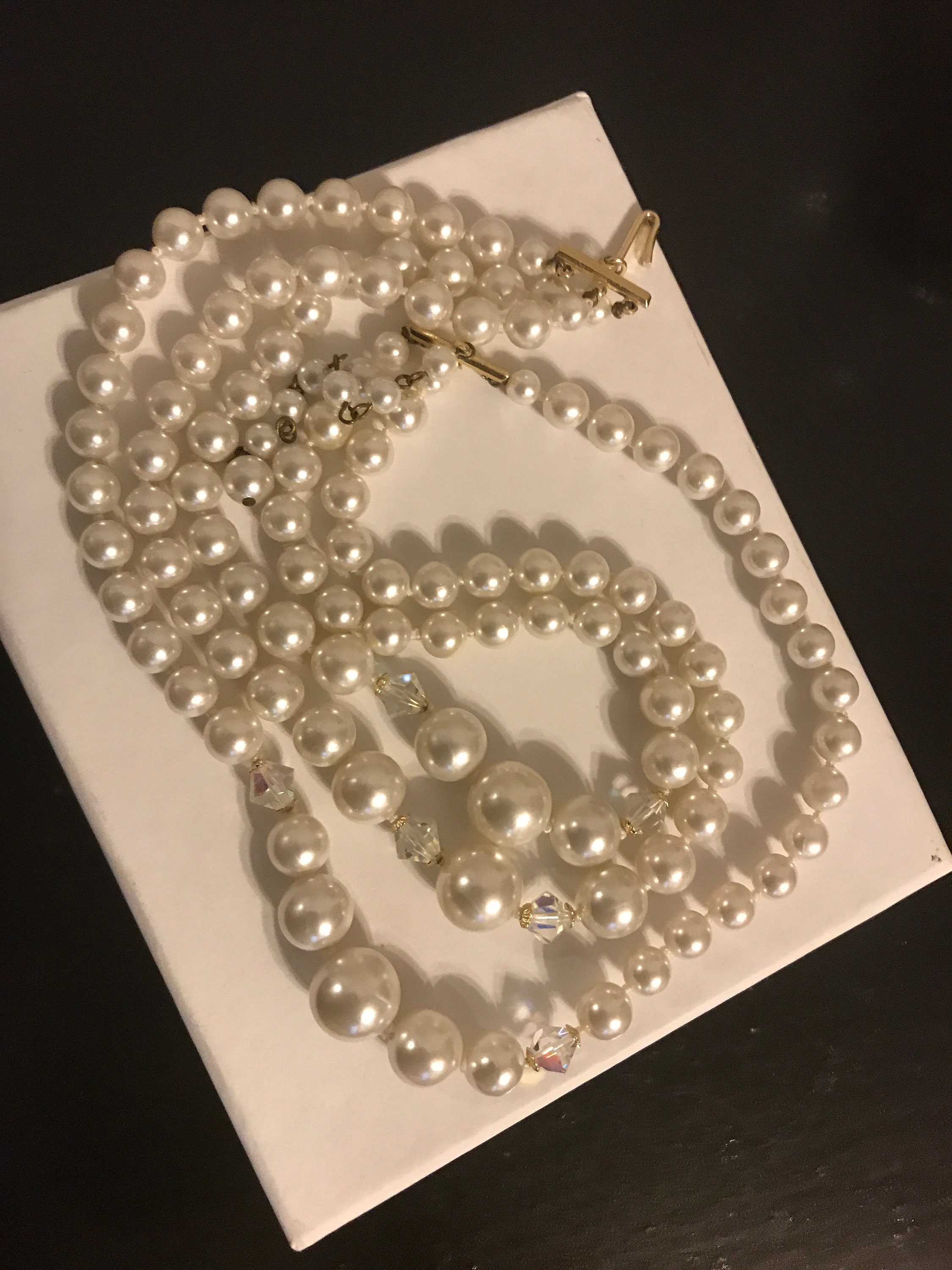 Vintage Japan Three Strand White Faux Pearl AB Crystal