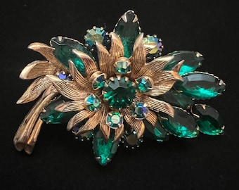 Vintage Selini Green AB Rhinestone 3D Leaves Brooch/Pin Signed 1950’s60’s