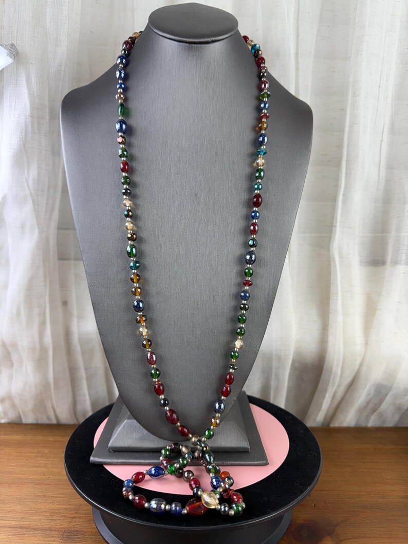 Vintage Multicolor Iridescent Glass Beaded Necklace-Art Glass Beads Long Necklace 1970s image 2