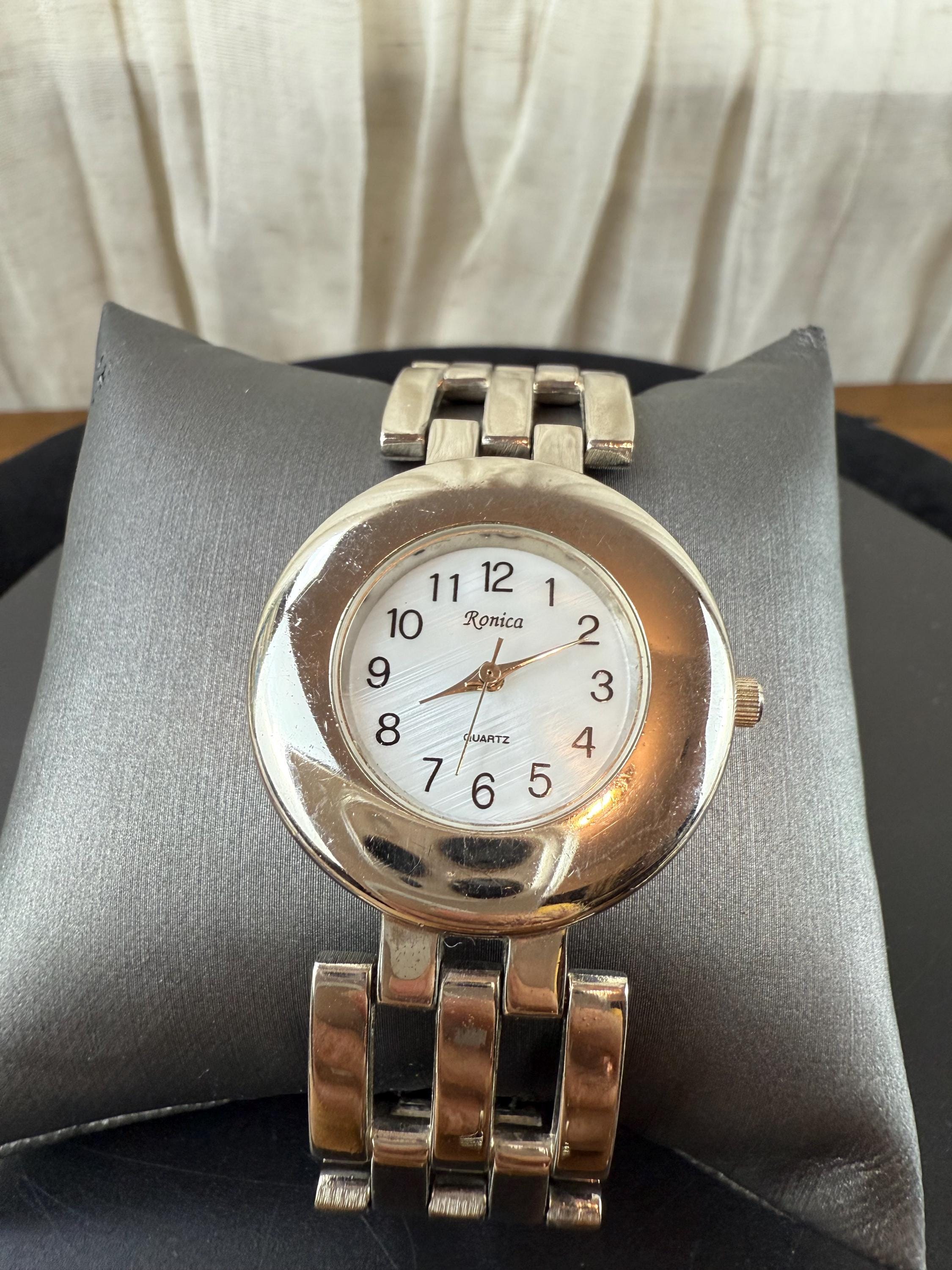 Vintage Ronica Women\'s Watch 36MM Pink Dial Black Leather Bands New Battery‎ SOLD // Vintage Ladies Ronica Half Moon Quartz watch with  main image 2