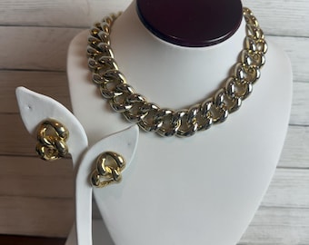 Vintage Les Bernard Chunky Gold Tone Necklace Earrings Set 1980s