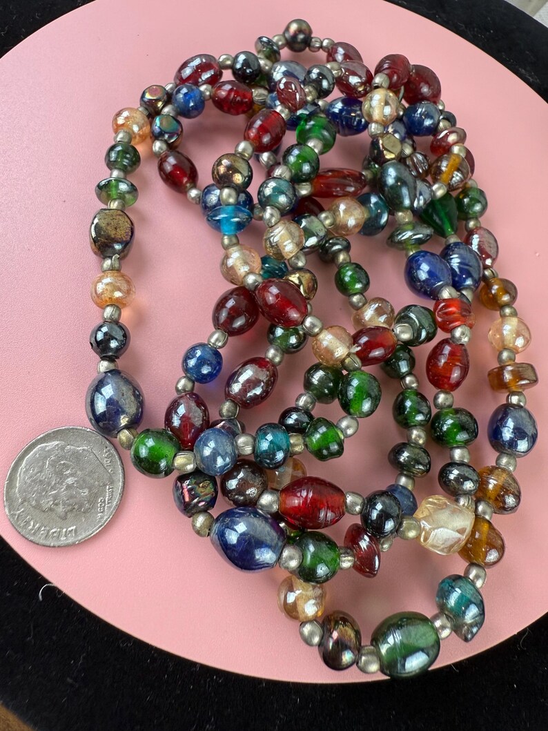 Vintage Multicolor Iridescent Glass Beaded Necklace-Art Glass Beads Long Necklace 1970s image 6