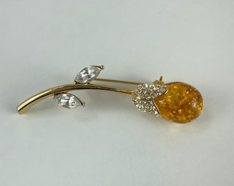Vintage Alfred Sung Signed Brooch – Gold Tone Stem with Amber Resin Drop and Rhinestones – 1980s Statement Pin-Rare