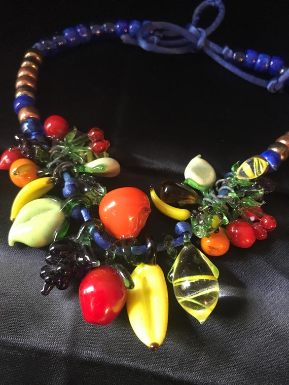 Vintage Venetian Glass Fruit Salad Blue Satin Cor… - image 7