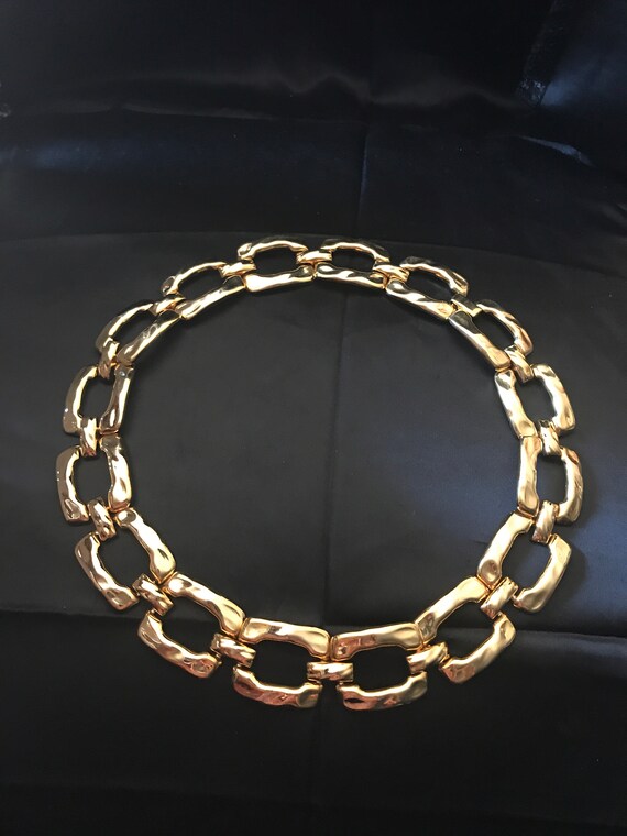 Vintage Hammered Square Link Necklace-Bold Gold T… - image 8
