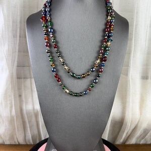Vintage Multicolor Iridescent Glass Beaded Necklace-Art Glass Beads Long Necklace 1970s image 9