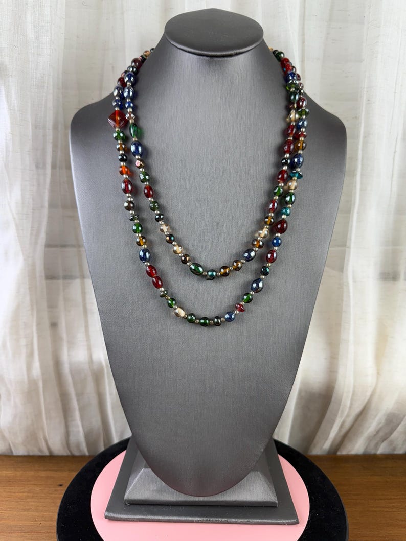Vintage Multicolor Iridescent Glass Beaded Necklace-Art Glass Beads Long Necklace 1970s image 9