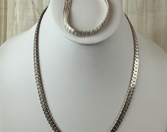 Vintage Silver Tone Flat Curb Chain Necklace Bracelet Set Unisex Jewelry