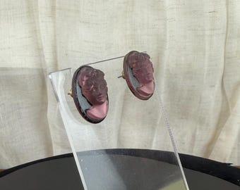 Vintage Czech Glass Cameo Earrings, 1930s Purple Relief Lady Portraits, Bohemian Glass Classical Jewelry