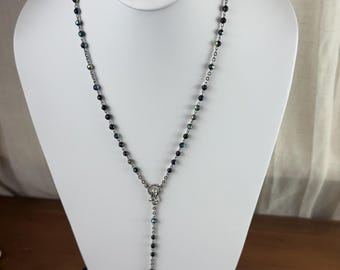 Vintage Italian Rosary Necklace Iridescent Beads Silver Tone