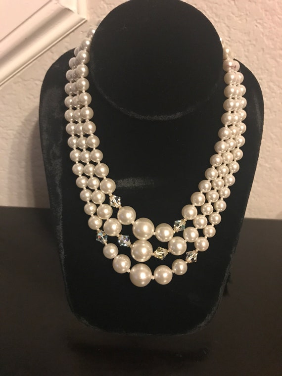 Vintage Japan Three Strand White Faux Pearl AB Crystal Necklace