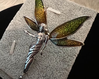 Vintage Liz Claiborne Green And Green Enamel Silver Fairy Brooch Pin
