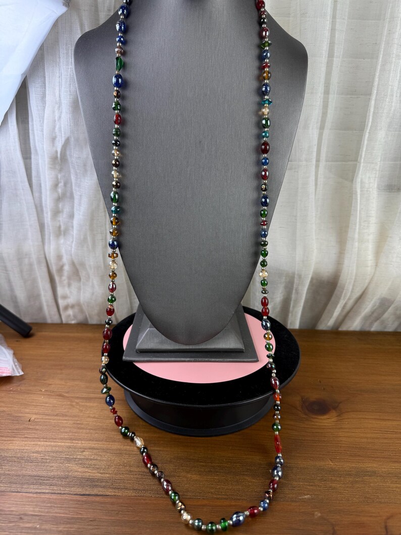 Vintage Multicolor Iridescent Glass Beaded Necklace-Art Glass Beads Long Necklace 1970s image 8
