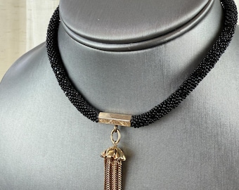 Victorian Jet Watch Fob Necklace – Faceted French Jet, Brass Tassel Pendant, Late 1800s