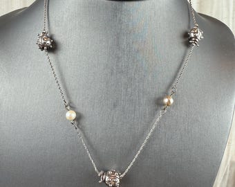 Whimsical Silver Ladybug Necklace with Faux Pearls, 17”