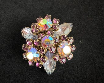 Vintage Aurora Borealis Rhinestone Brooch Navette Crystal Gold Tone