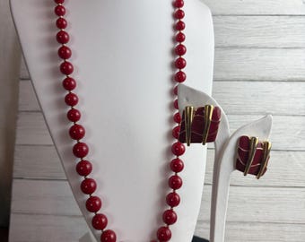 Vintage Monet Red Lucite Necklace Coordinating Clip Earrings Demi Parure