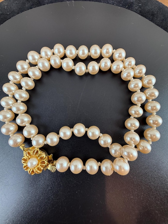 Vintage Japan Faux Pearl Necklace – Hand Knotted, 18” With Gold