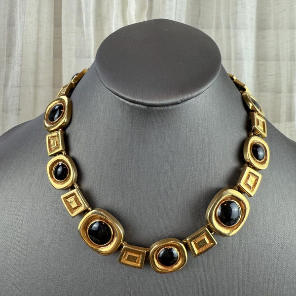 Goldette NY Antique Gold Tone Black Glass Round Cabochon Collar Necklace-Egyptian Revival Choker Necklace 1960’s