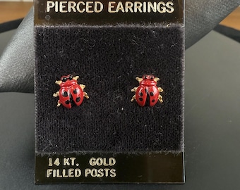 Vintage 1980s Ladybug Stud Earrings, Red Enamel on 14k Gold Filled Posts, Whimsical Insect Jewelr